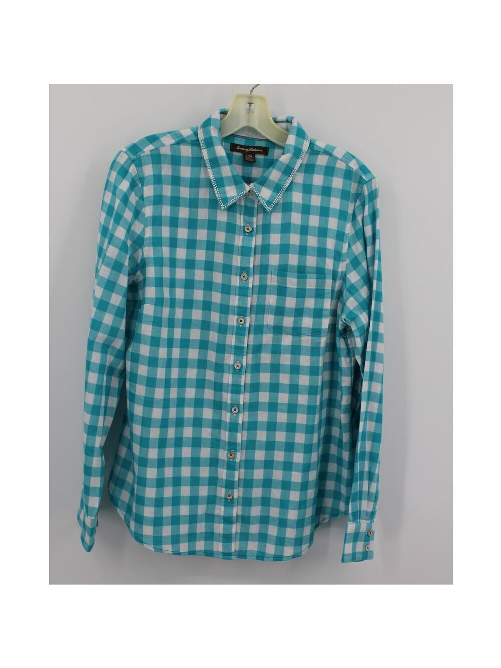 Tommy Bahama Button Down L Lined Beaded Shirt Long Sleeve Teal White Gingham